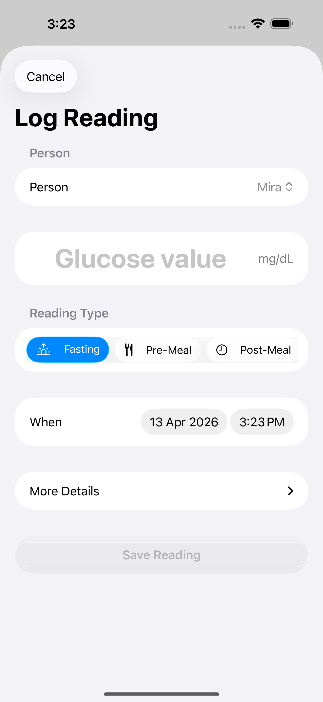 Manual glucose reading entry form