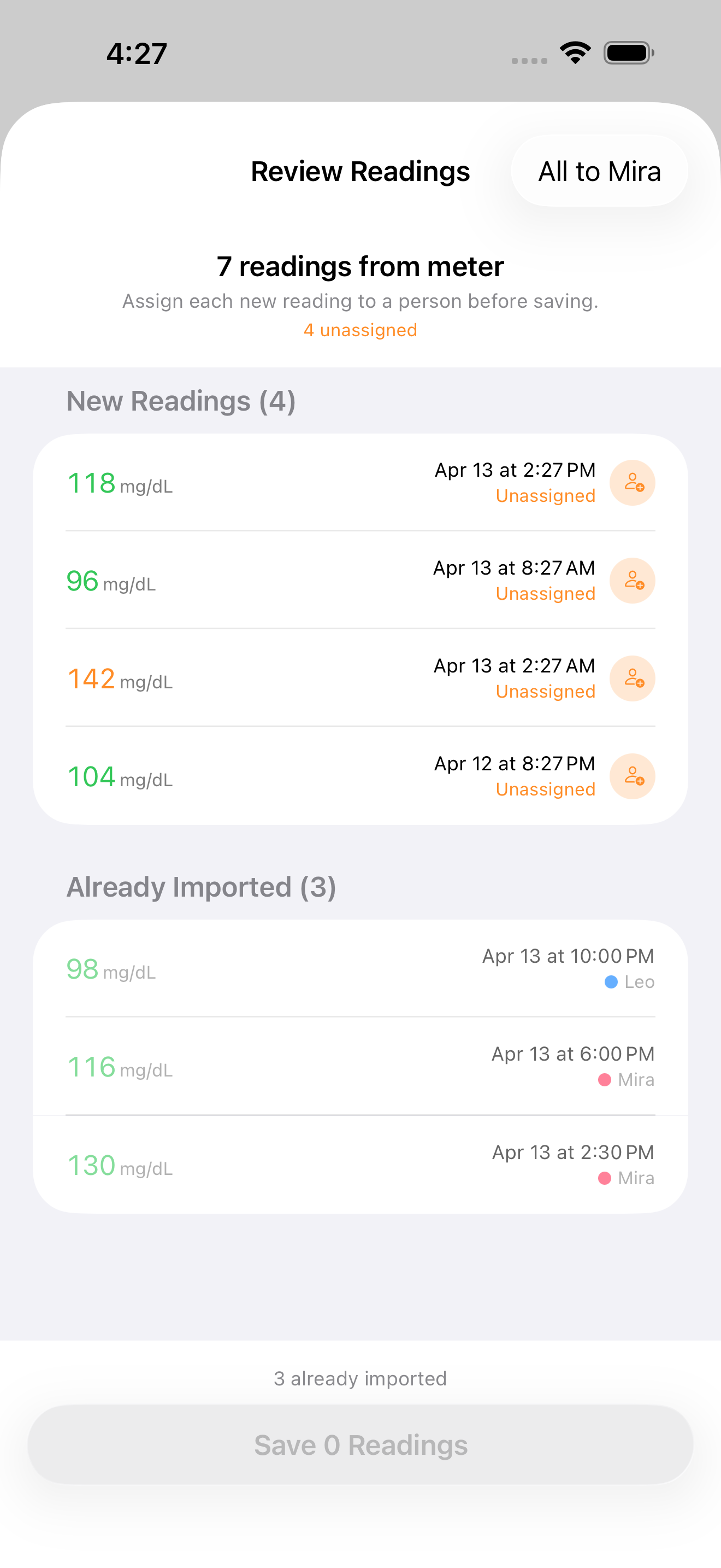 Staging area where readings are assigned to family members